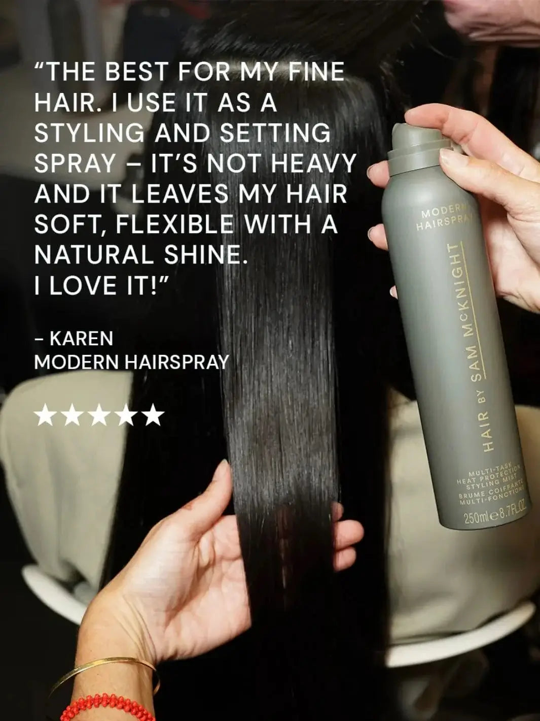 A detailed action shot highlights the mist application onto sleek, straight dark hair alongside a customer review for the Hair by Sam McKnight Modern Hairspray | Twentyseven Toronto
