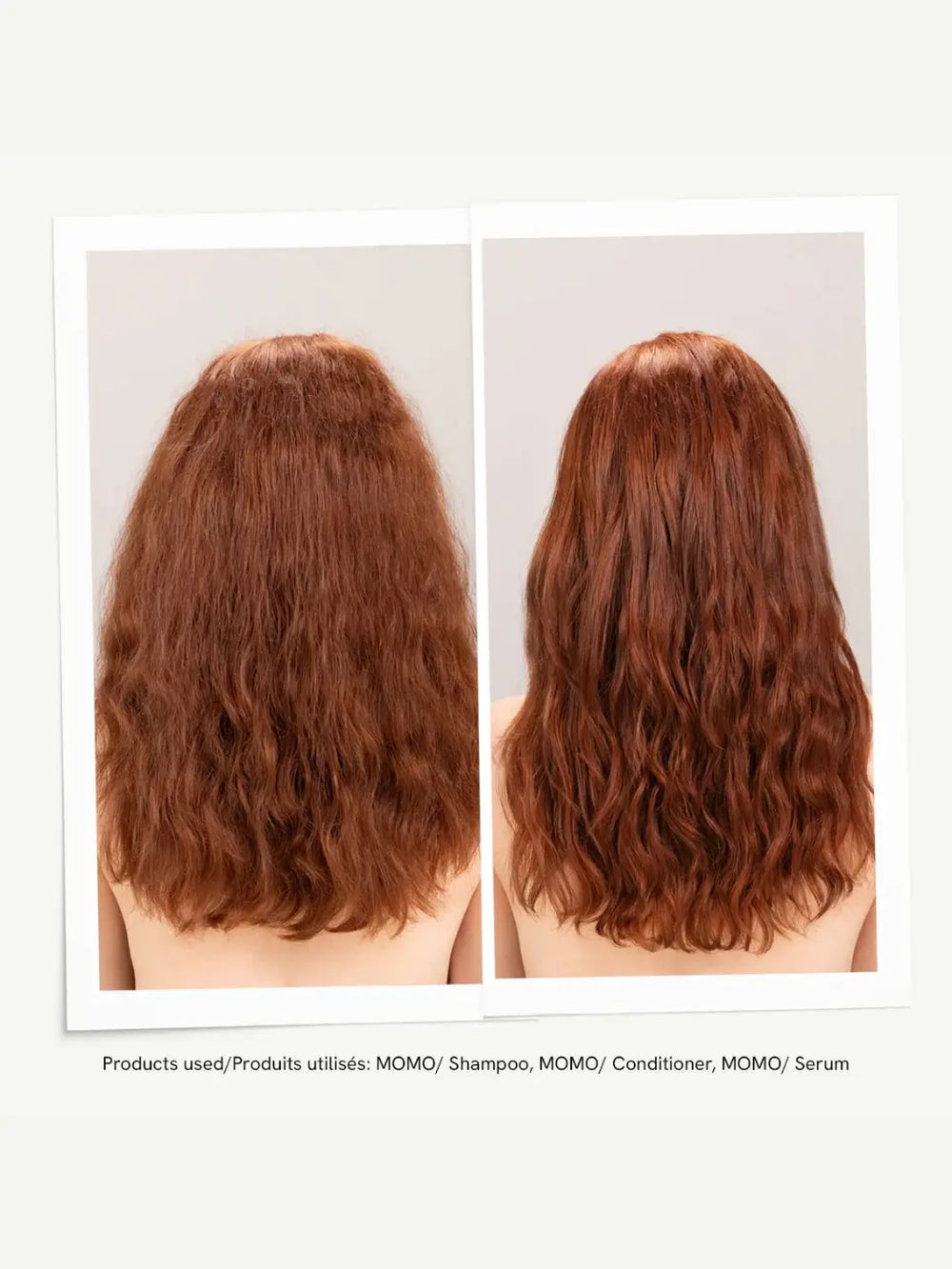 A before-and-after photo display highlights the deeply moisturizing transformation from dry, frizzy hair to smooth, defined waves after using a product regimen featuring Davines Momo Serum | Twentyseven Toronto