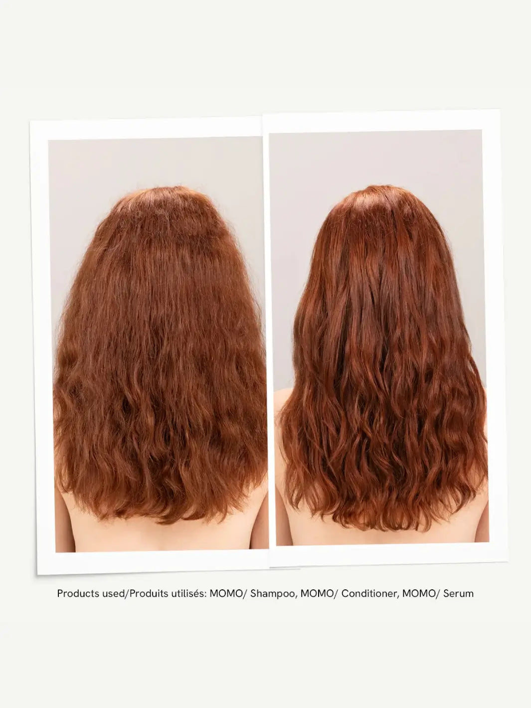 A before-and-after photo display highlights the deeply moisturizing transformation from dry, frizzy hair to smooth, defined waves after using a product regimen featuring Davines Momo Serum | Twentyseven Toronto