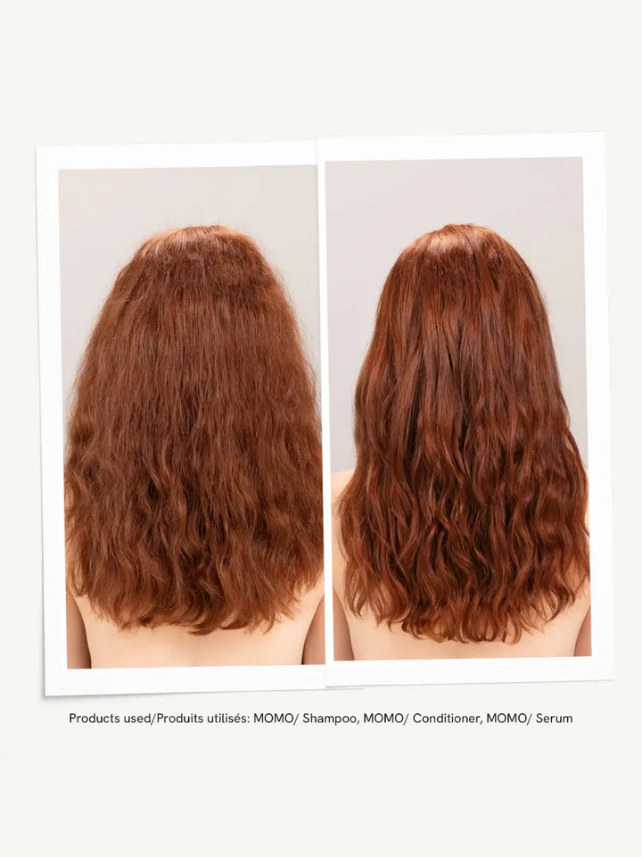 A before-and-after photo display highlights the deeply moisturizing transformation from dry, frizzy hair to smooth, defined waves after using a product regimen featuring Davines Momo Serum | Twentyseven Toronto