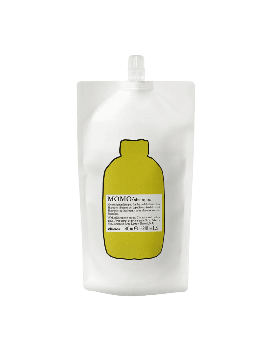 White and green shampoo refill pouch with yellow bottle illustration and 'MOMO' text | Twentyseven Toronto