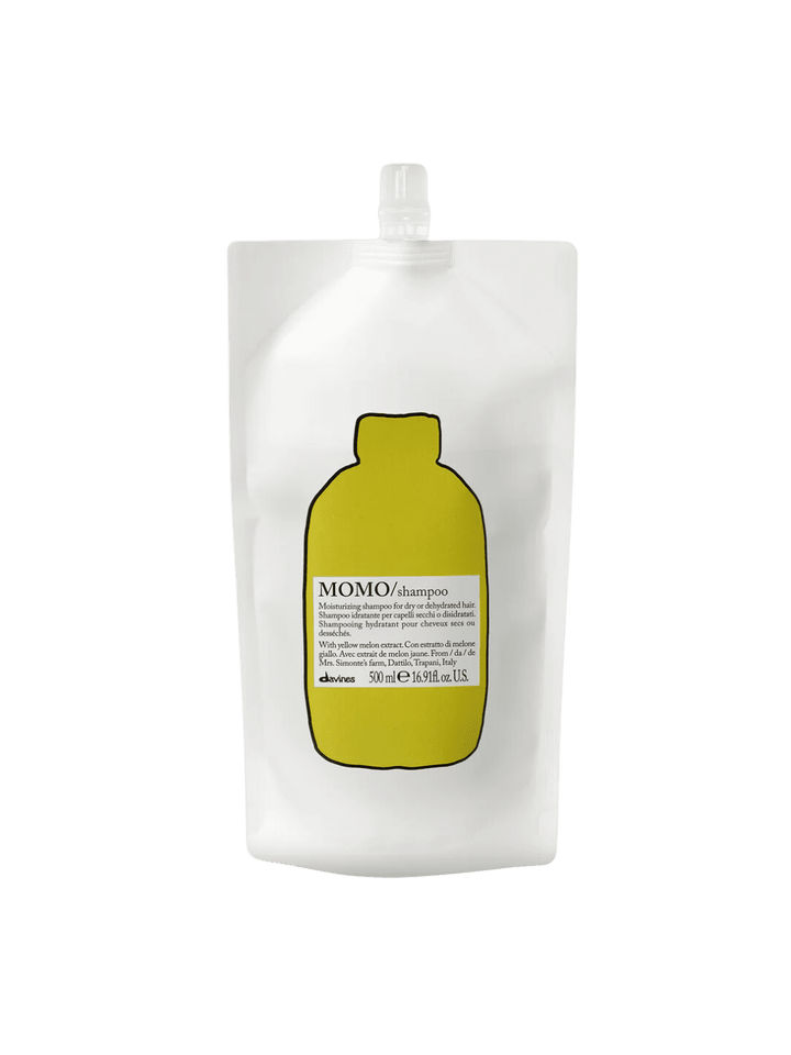 White and green shampoo refill pouch with yellow bottle illustration and 'MOMO' text | Twentyseven Toronto