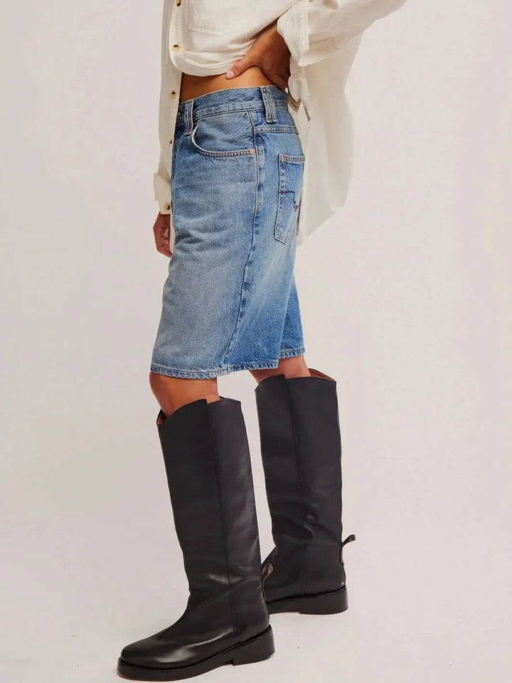 A side profile view highlights the structured denim hang, wide-leg cut, and high-rise waist of the Free People Montana Shorts in Haven | Twentyseven Toronto
