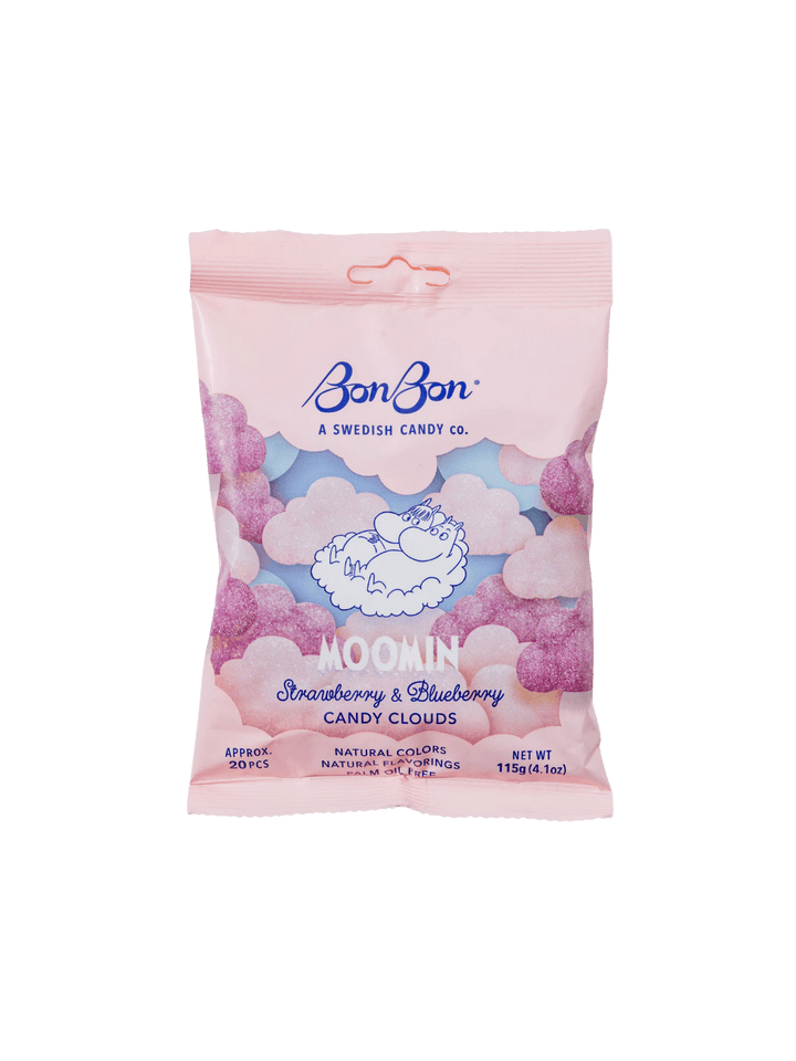 A product shot of the pink packaging for BonBon Swedish Candy Moomin Candy Clouds | Twentyseven Toronto
