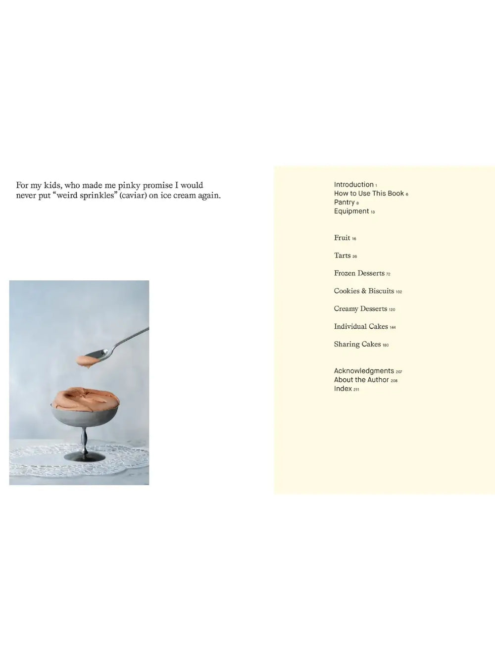 Book spread from More Than Sweet: Desserts with Flavor by Marie Frank featuring a dedication on the left page above a photo of smooth chocolate mousse in a silver coupe glass, and a table of contents on the right page listing chapters | Twentyseven Toronto