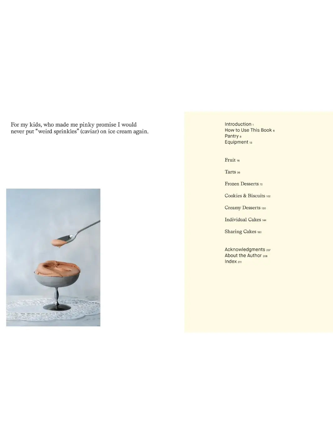 Book spread from More Than Sweet: Desserts with Flavor by Marie Frank featuring a dedication on the left page above a photo of smooth chocolate mousse in a silver coupe glass, and a table of contents on the right page listing chapters | Twentyseven Toronto