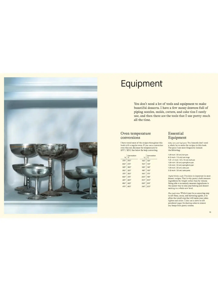 Spread from More Than Sweet: Desserts with Flavor by Marie Frank titled "Equipment," featuring a photograph of several vintage silver dessert coupes on the left and text regarding oven conversions and essential kitchen tools on the right | Twentyseven Toronto