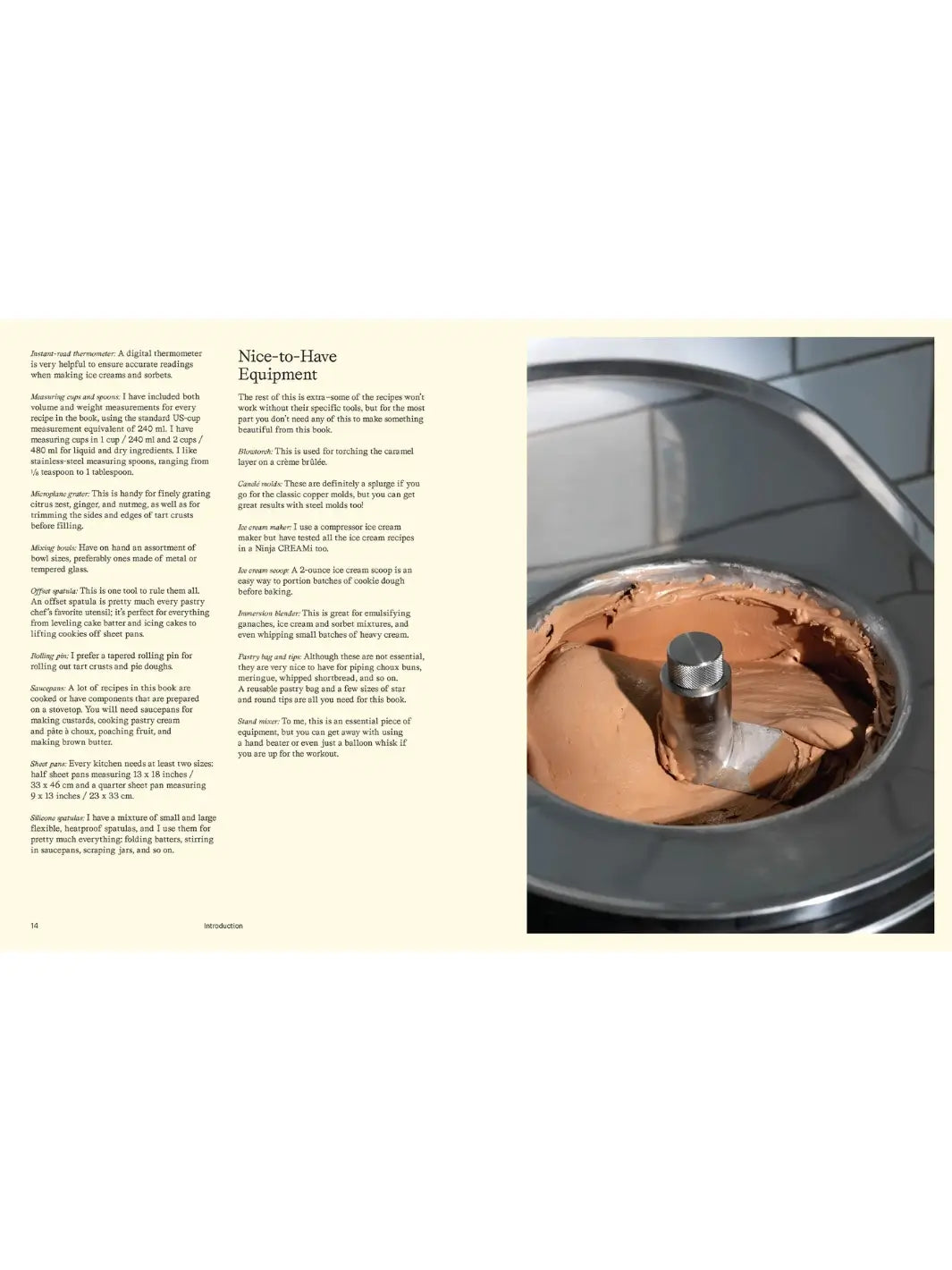 Section titled "Nice-to-Have Equipment" in More Than Sweet: Desserts with Flavor by Marie Frank, with a list of specialized tools like blowtorches and ice cream makers on the left and a close-up photo of chocolate ice cream being churned in a machine on the right | Twentyseven Toronto