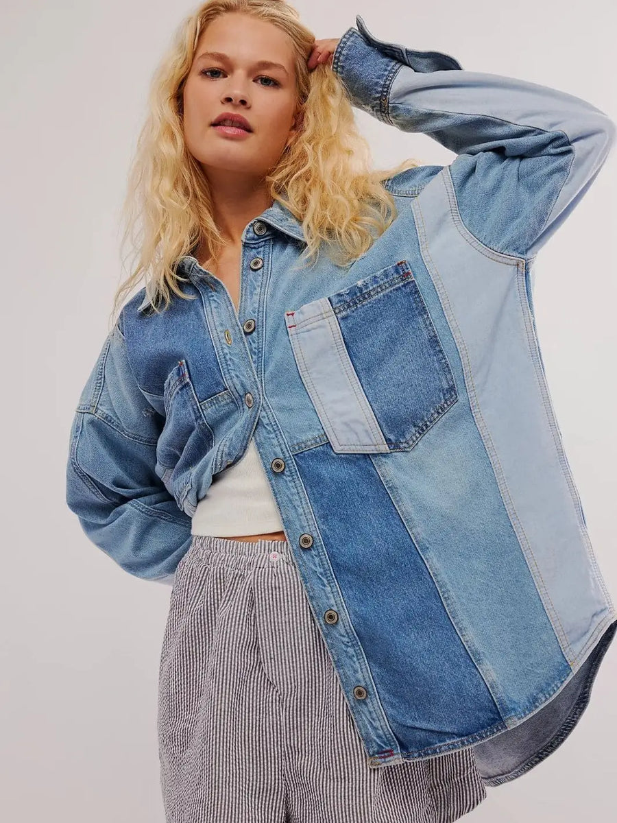A close-up shot of a blonde model posing in the patchworked denim Free People We The Free Mountain Roads Shirt - Mixed over a white top | Twentyseven Toronto