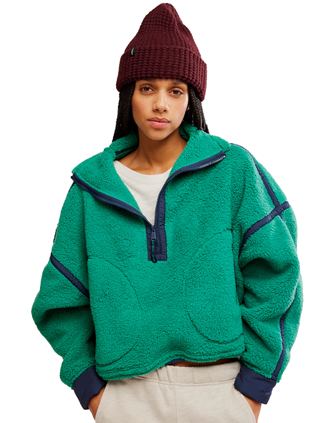 FP Movement Mountain High Half-Zip Fleece in green with navy contrast seams, high neckline and relaxed oversized fit | Twentyseven Toronto