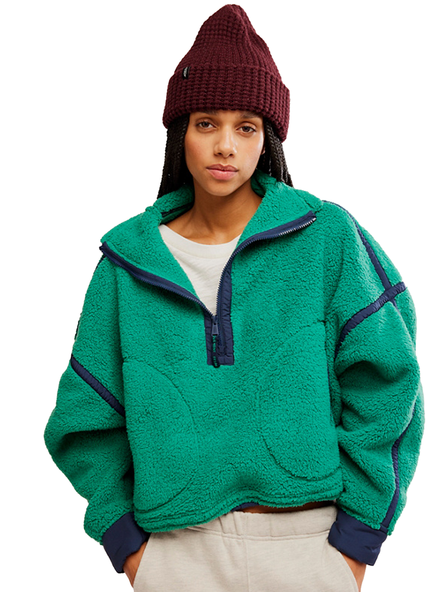 FP Movement Mountain High Half-Zip Fleece in green with navy contrast seams, high neckline and relaxed oversized fit | Twentyseven Toronto