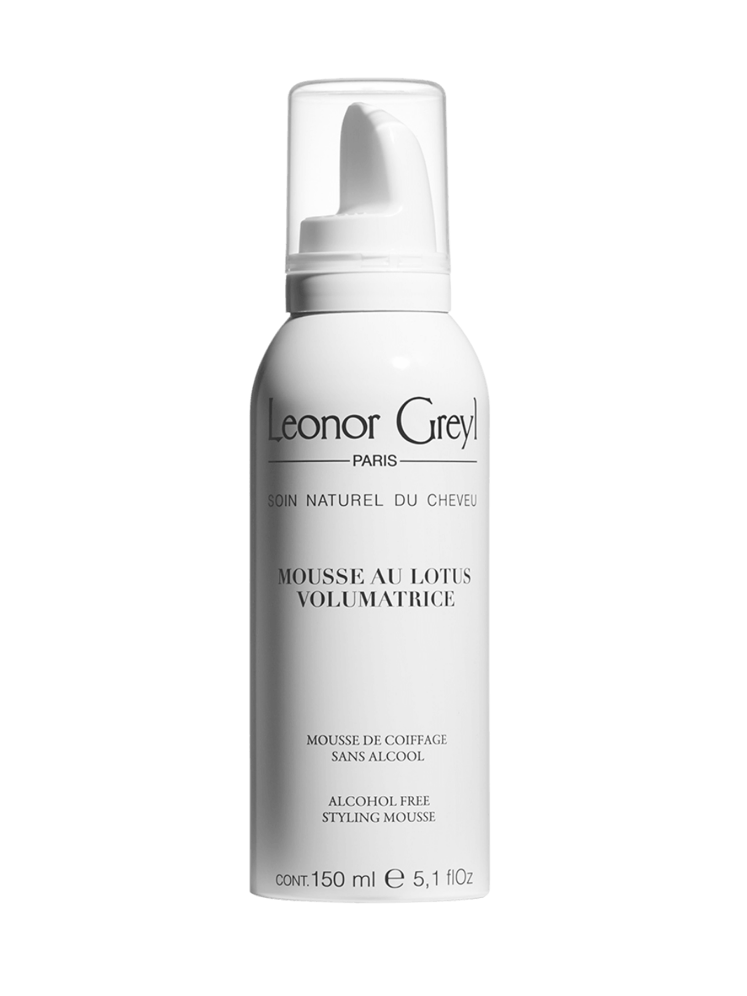 Leonor Greyl 'Mousse au Lotus Volumatrice' hair mousse 150ml bottle on a transparent background | Twentyseven Toronto
