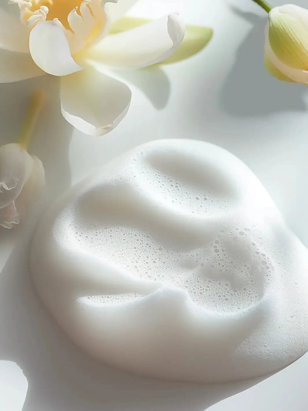 Close-up of Leonor Greyl 'Mousse au Lotus Volumatrice' mousse texture with floral decorations on a white background | Twentyseven Toronto