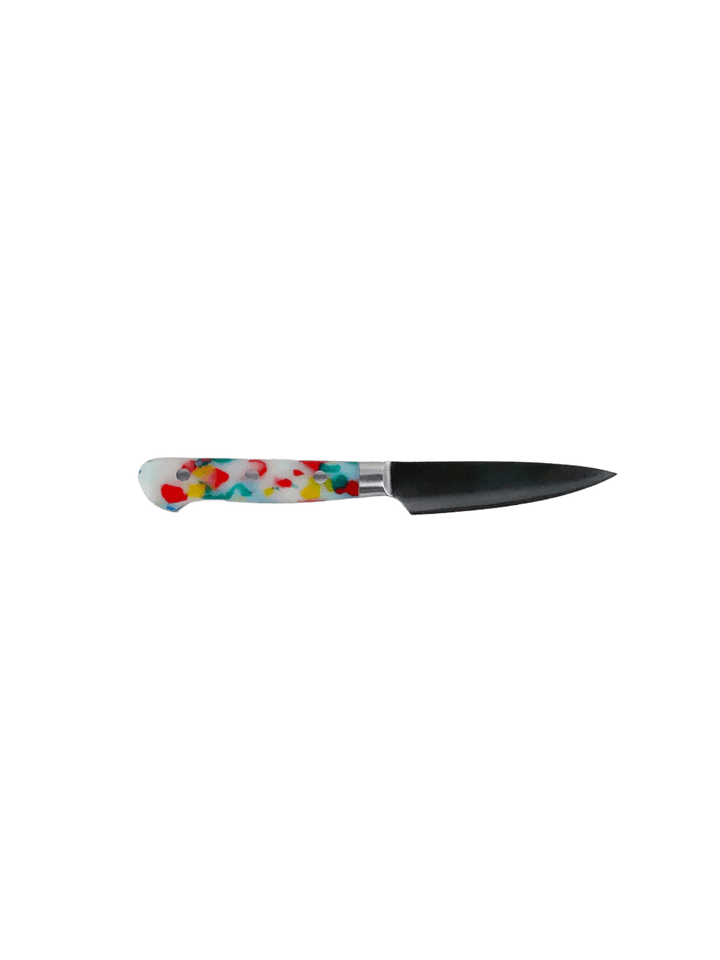 Fredericks and Mae Multi/Confetti Paring Knife with a short stainless steel blade and colorful, speckled confetti-patterned handle | Twentyseven Toronto