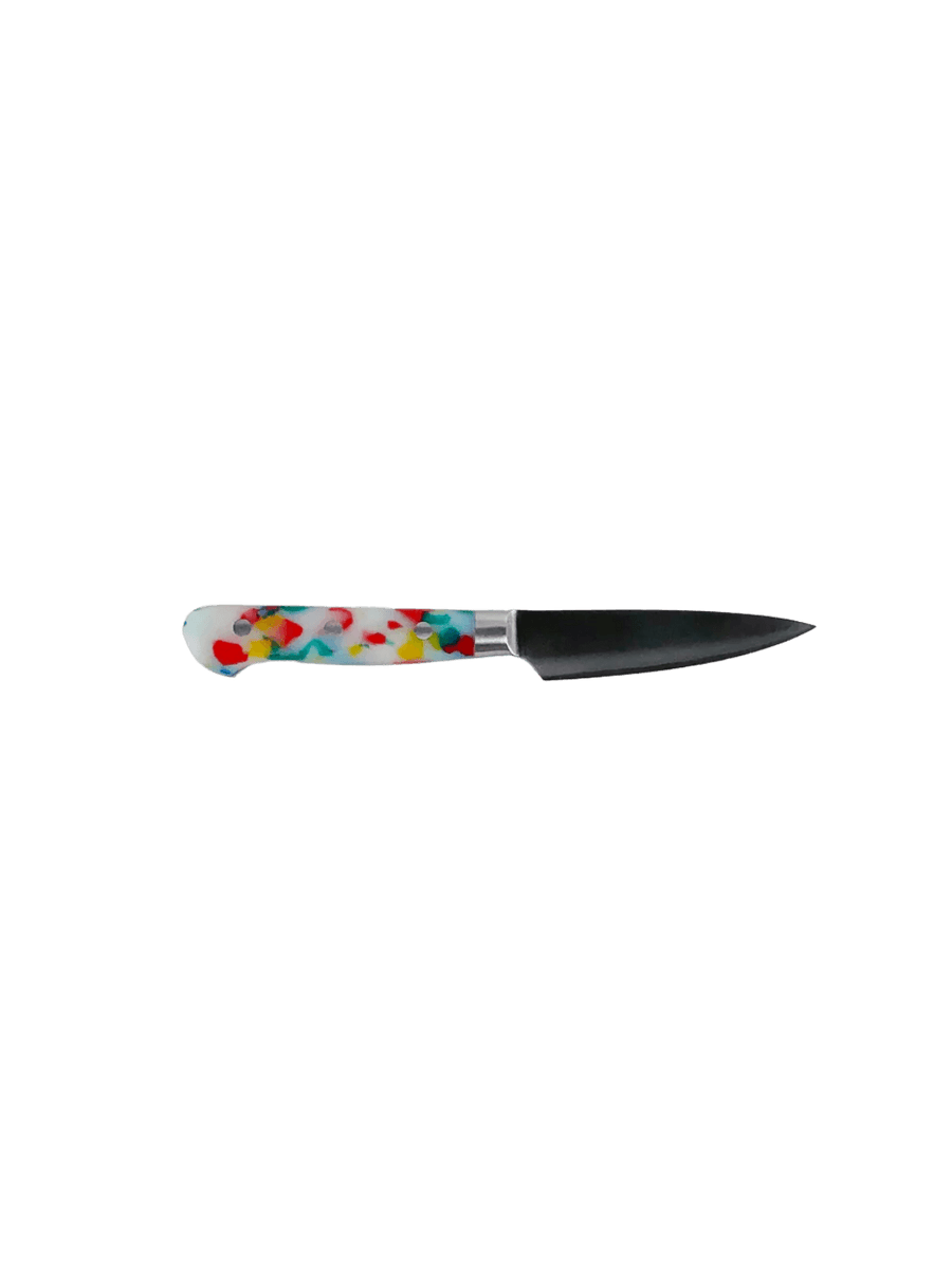 Fredericks and Mae Multi/Confetti Paring Knife with a short stainless steel blade and colorful, speckled confetti-patterned handle | Twentyseven Toronto