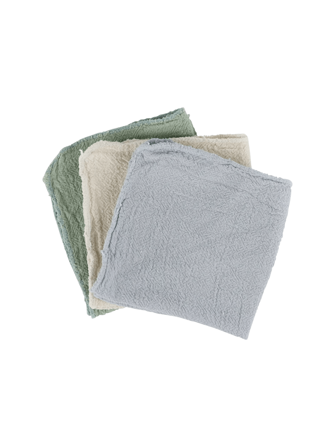 Three multi-purposed cotton towels in green, beige, and gray from Burstenhaus Redecker on a transparent background | Twentyseven Toronto