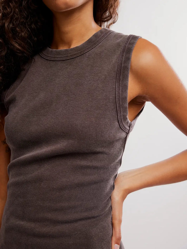 Close up of woman wearing a brown 'Murphy Tank' top in Chocolatier from Free People on a white background | Twentyseven Toronto