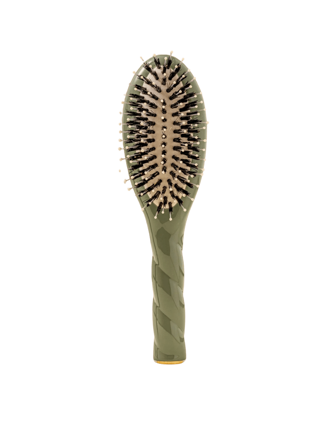 Front view of La Bonne Brosse N.03 Small The Essential Softness & Sensitive Scalp Brush in Almond Green featuring a twisted ergonomic handle and natural boar and nylon bristles | Twentyseven Toronto