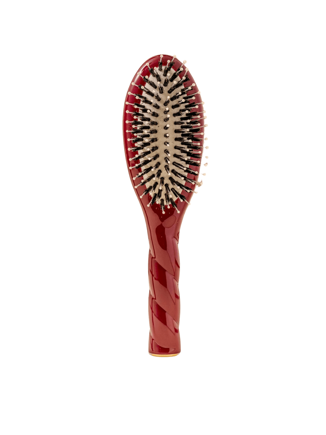 Front view of La Bonne Brosse N.03 Small The Essential Softness & Sensitive Scalp Brush in Cherry Red featuring a twisted ergonomic handle and natural boar and nylon bristles | Twentyseven Toronto