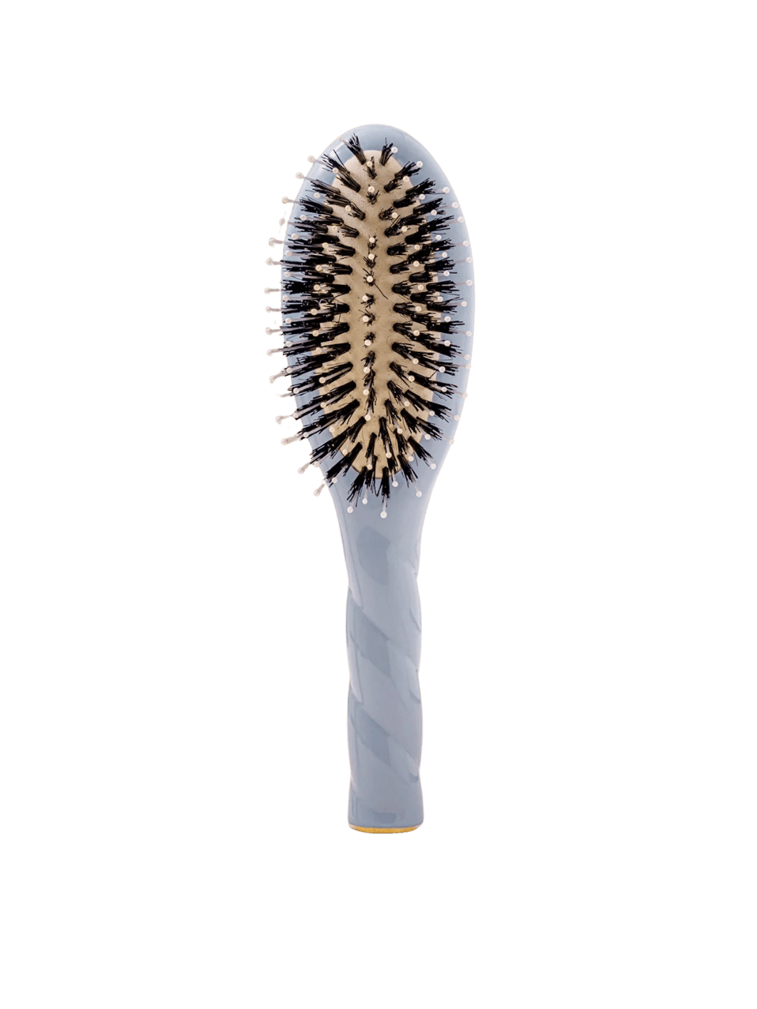 Front view of La Bonne Brosse N.03 Small The Essential Softness & Sensitive Scalp Brush in Light Blue featuring a twisted ergonomic handle and natural boar and nylon bristles | Twentyseven Toronto