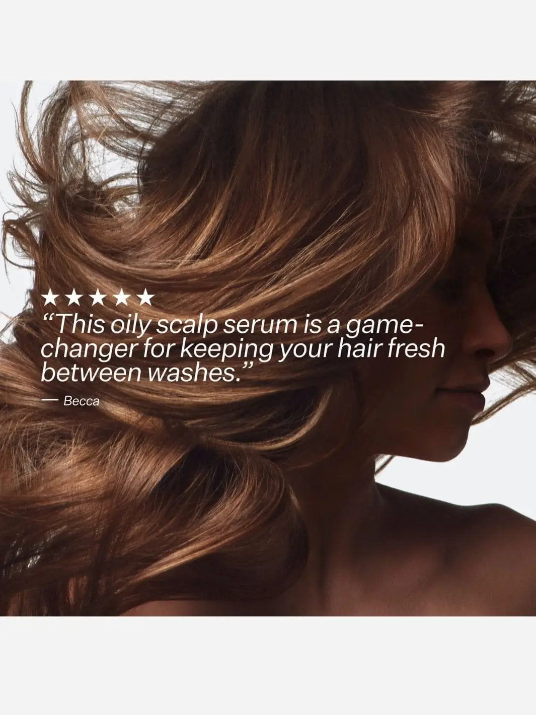 Close-up of a person with styled hair, featuring a product review quote about Act+Acre Niacinamide Oily Scalp Serum | Twentyseven Toronto