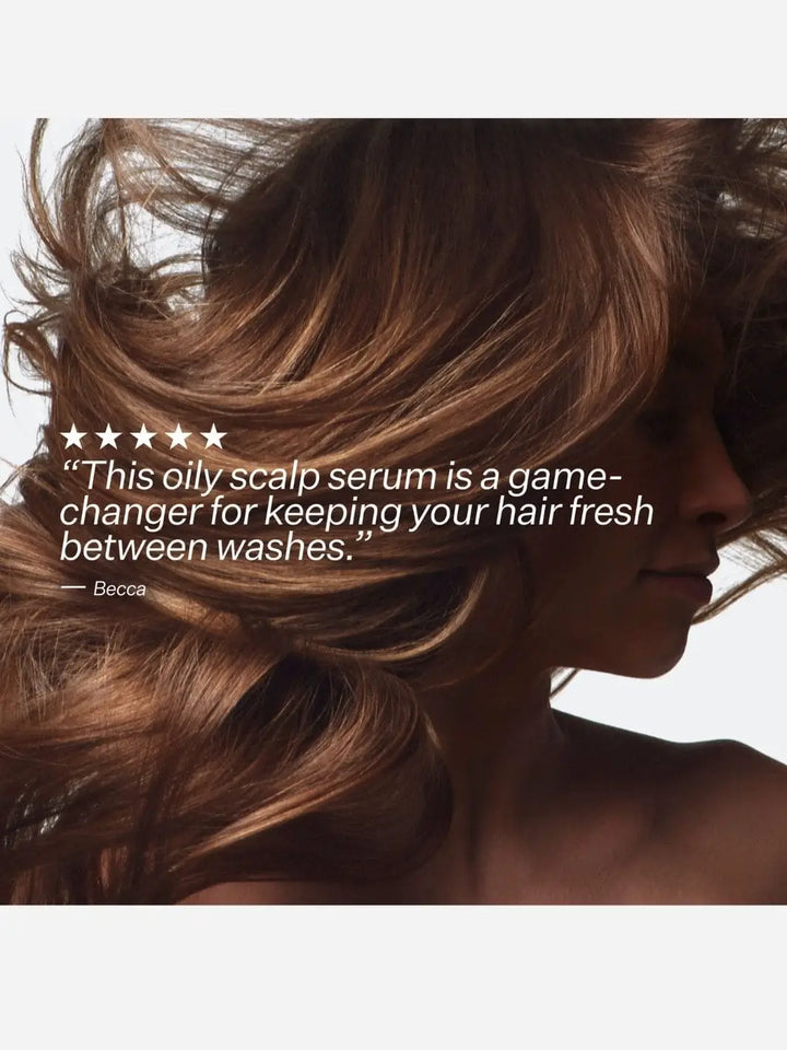 Close-up of a person with styled hair, featuring a product review quote about Act+Acre Niacinamide Oily Scalp Serum | Twentyseven Toronto