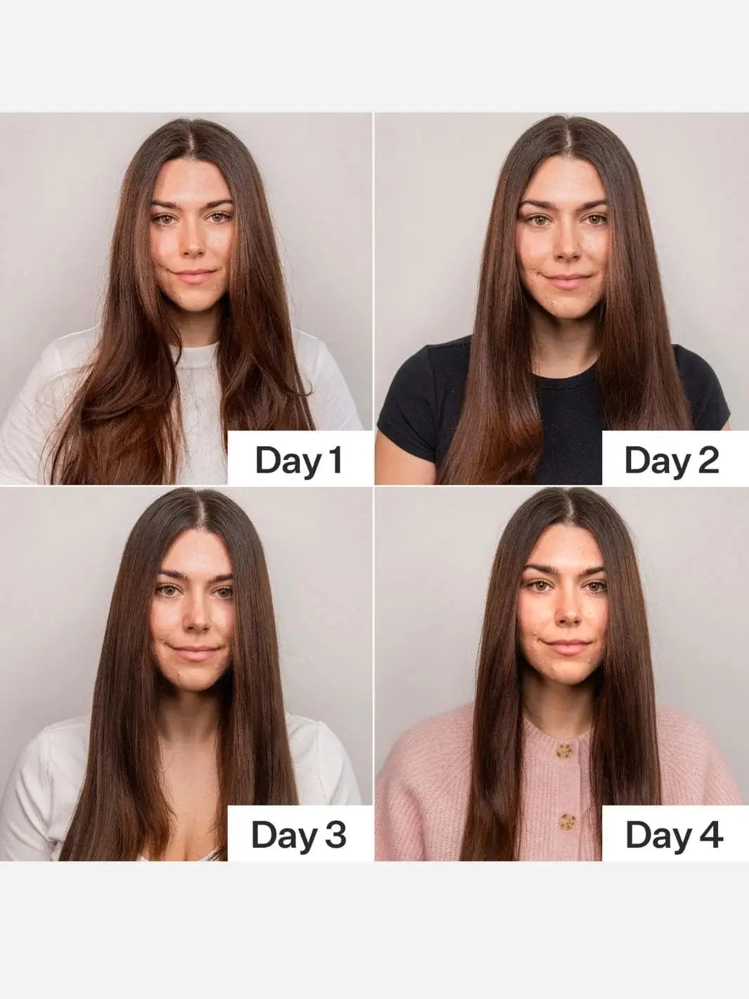 Four panel comparison of a woman's hair on different days after using Act+Acre Niacinamide Oily Scalp Serum with text labels | Twentyseven Toronto
