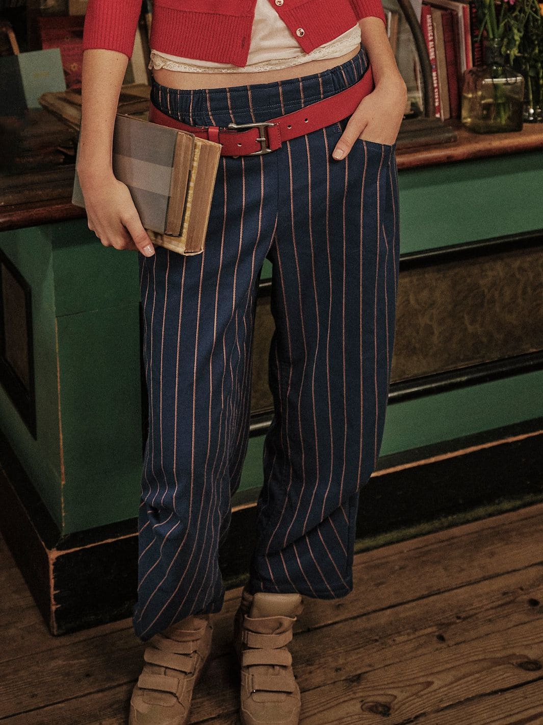 Free People Nice Choice Pull-On Pants in Navy Combo Pinstripe | Twentyseven Toronto