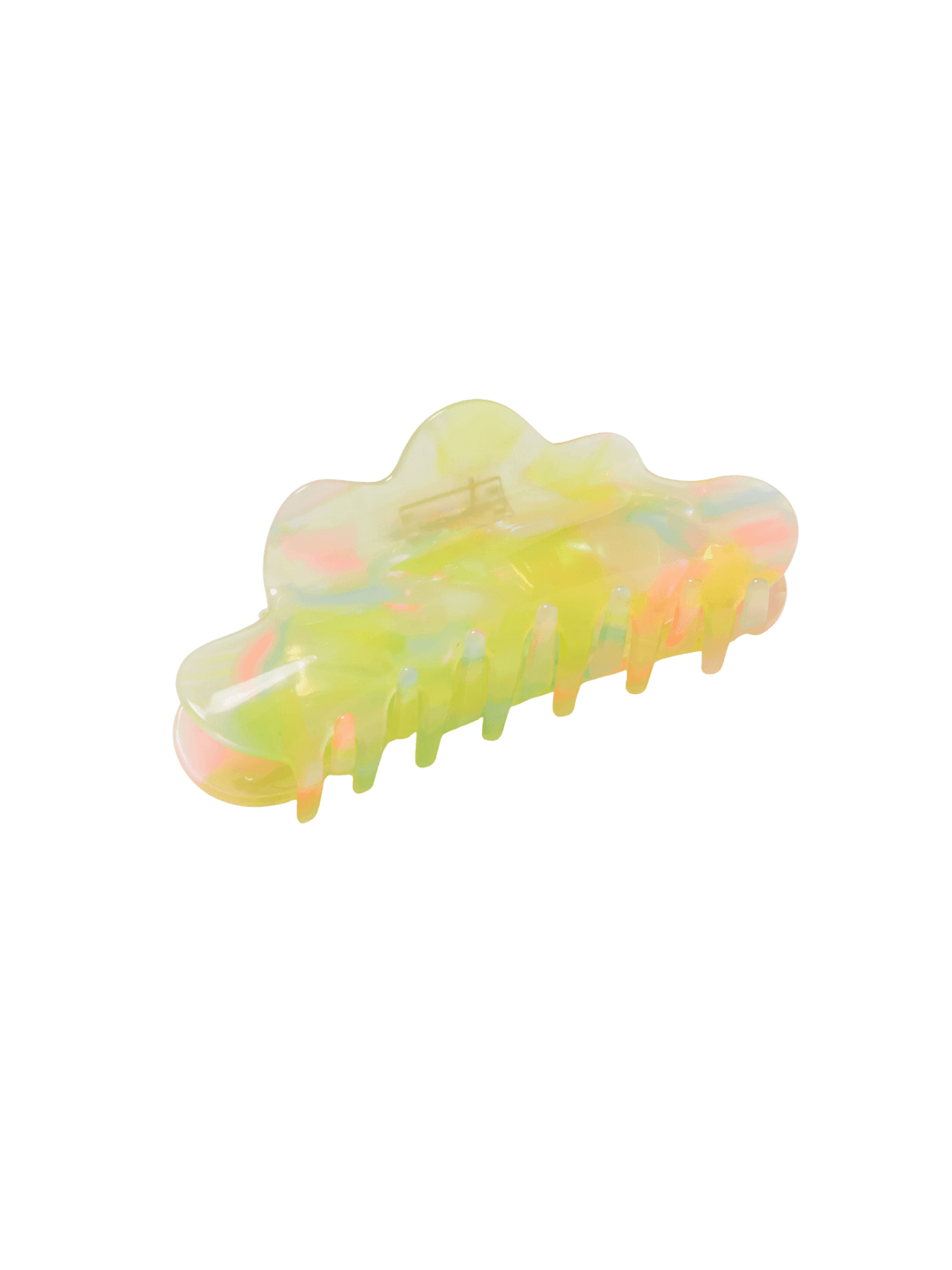 The wavy, translucent CHUNKS Nimbus Claw Clip in Sherbet Jelly is displayed at an angle to showcase its yellow, pink, and green marbled design | Twentyseven Toronto