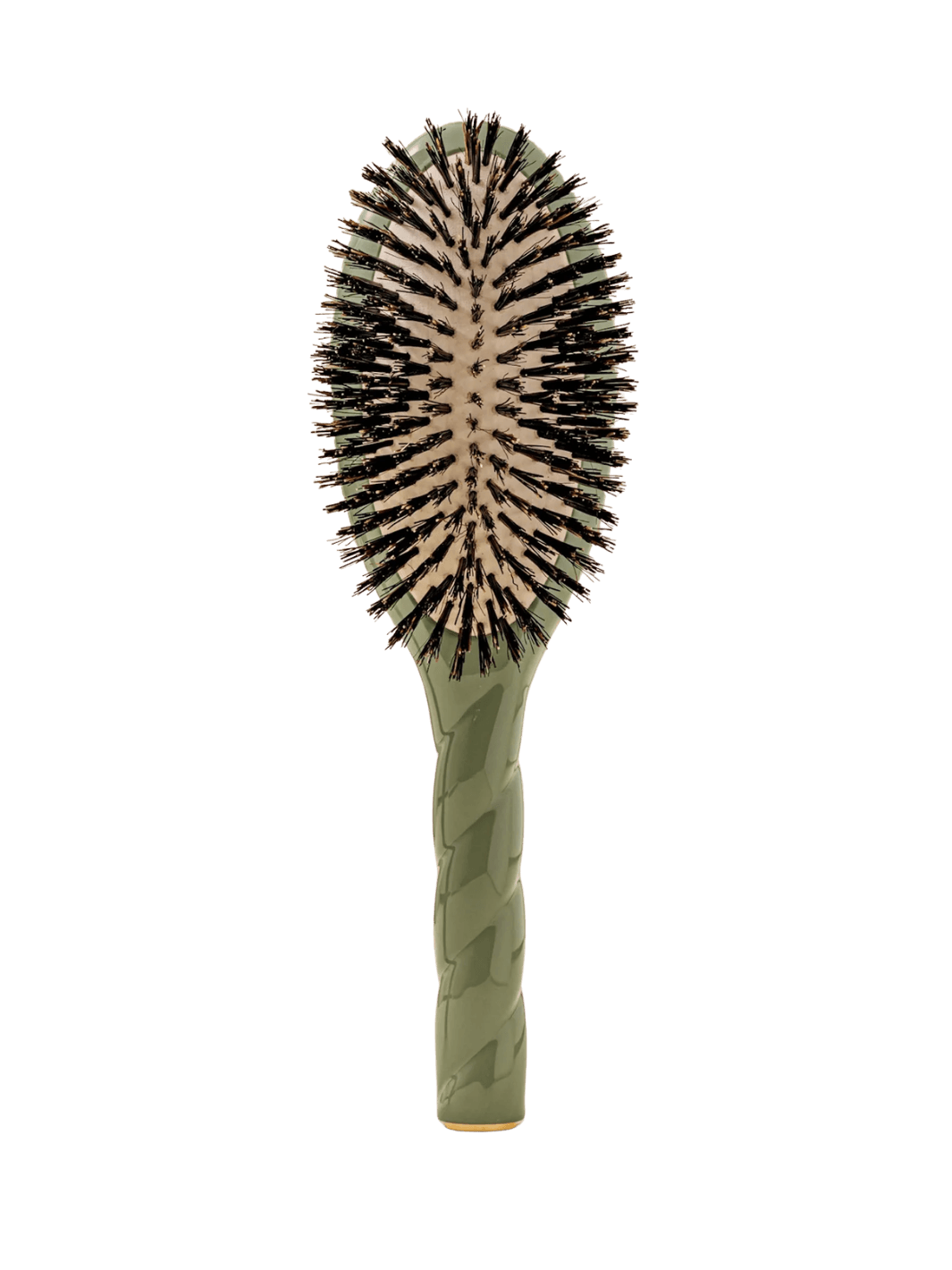 Front view of La Bonne Brosse N.01 The Shine & Care Hairbrush The Universal Brush in Almond Green featuring a twisted ergonomic handle and natural boar bristles | Twentyseven Toronto