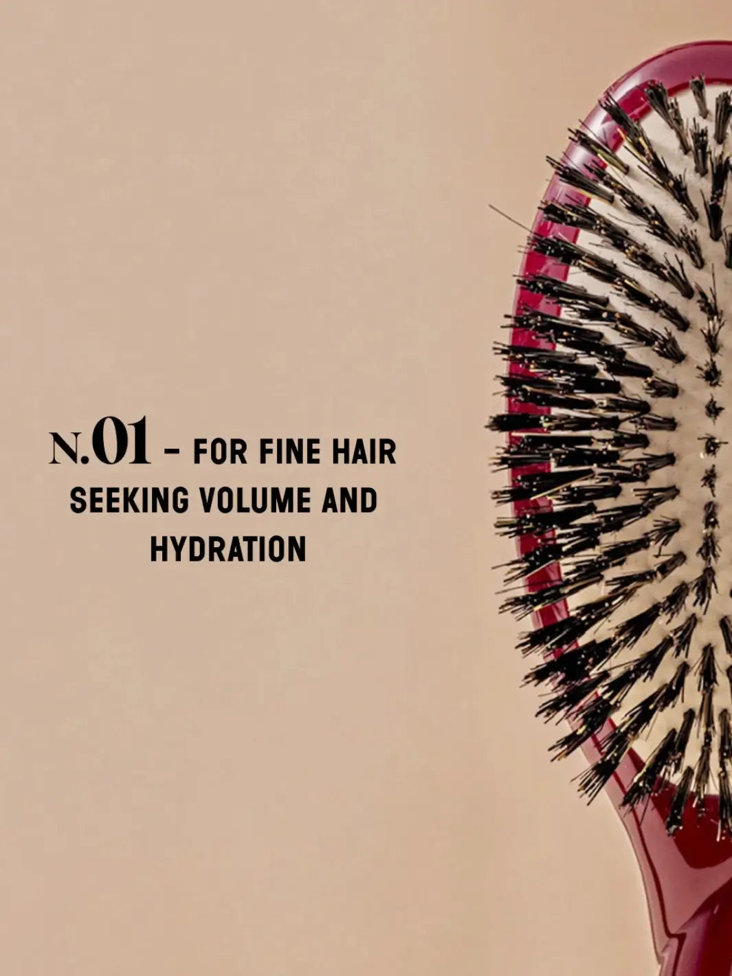 Text identifying the La Bonne Brosse N.01 The Shine & Care Hairbrush The Universal Brush in Cherry Red as being specifically designed for fine hair seeking volume and hydration | Twentyseven Toronto