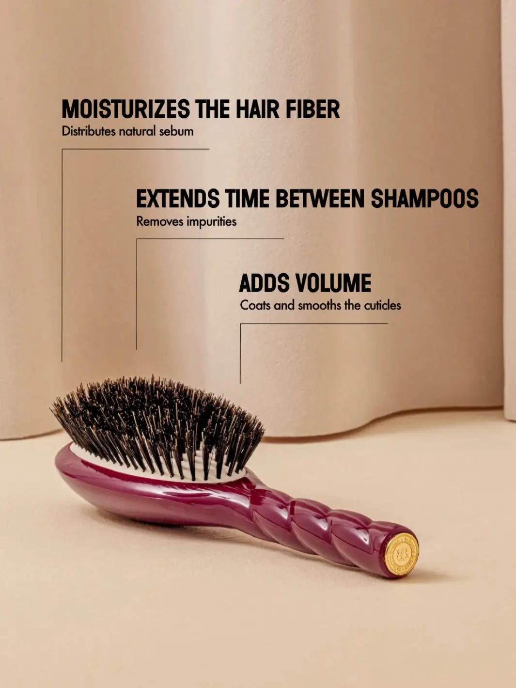 An infographic explains how La Bonne Brosse N.01 The Shine & Care Hairbrush The Universal Brush in Cherry Red moisturizes hair fibers, extends time between shampoos, and adds volume | Twentyseven Toronto