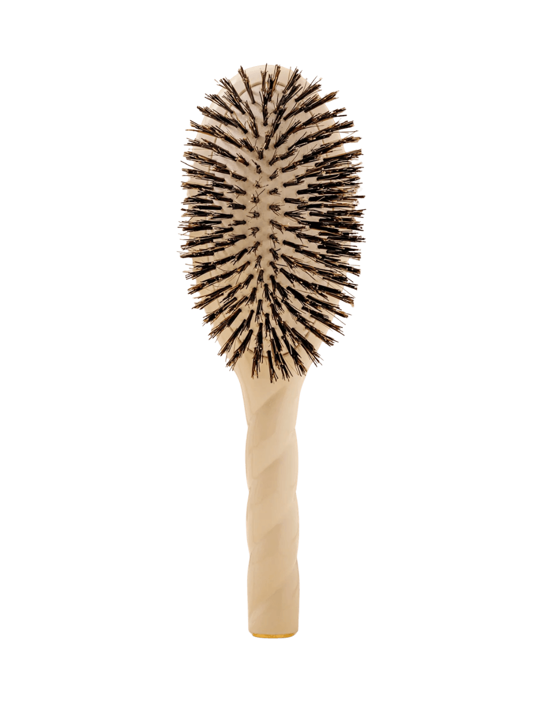 Front view of La Bonne Brosse N.01 The Shine & Care Hairbrush The Universal Brush in Creamy White featuring a twisted ergonomic handle and natural boar bristles | Twentyseven Toronto