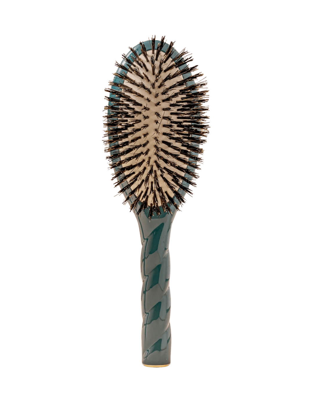 Front view of La Bonne Brosse N.01 The Shine & Care Hairbrush The Universal Brush in Ink Blue featuring a twisted ergonomic handle and natural boar bristles | Twentyseven Toronto