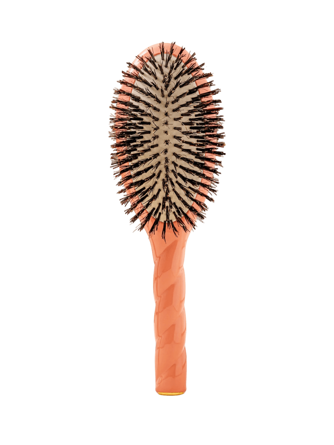 Front view of La Bonne Brosse N.01 The Shine & Care Hairbrush The Universal Brush in Orange Coral featuring a twisted ergonomic handle and natural boar bristles | Twentyseven Toronto