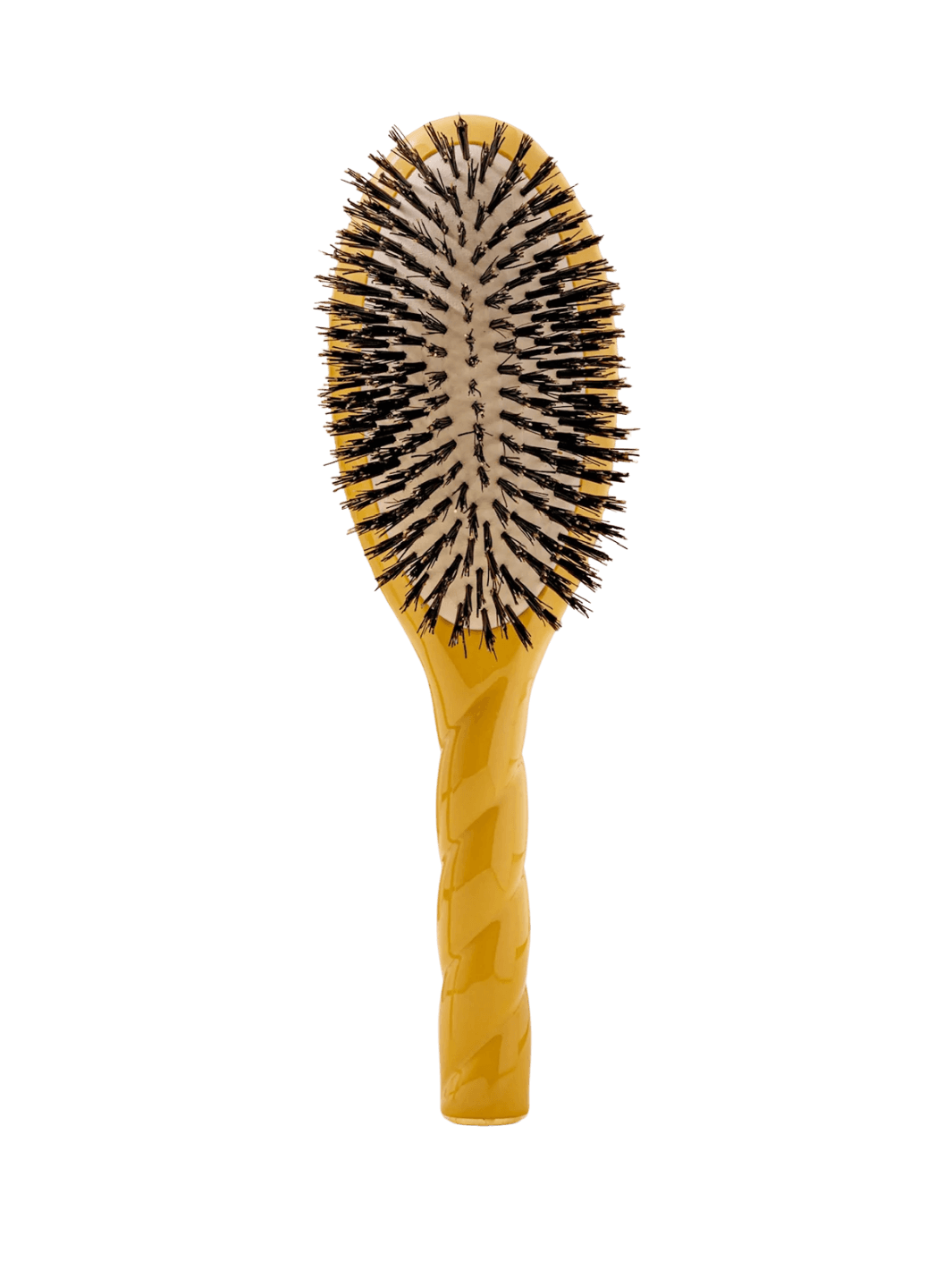 Front view of La Bonne Brosse N.01 The Shine & Care Hairbrush The Universal Brush in Saffron Yellow featuring a twisted ergonomic handle and natural boar bristles | Twentyseven Toronto