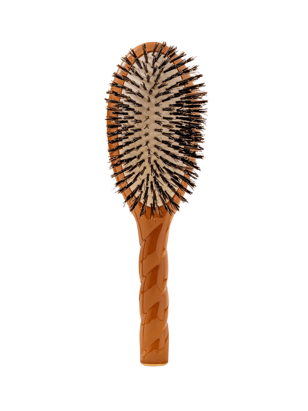 Front view of La Bonne Brosse N.01 The Shine & Care Hairbrush The Universal Brush in Terracotta featuring a twisted ergonomic handle and natural boar bristles | Twentyseven Toronto