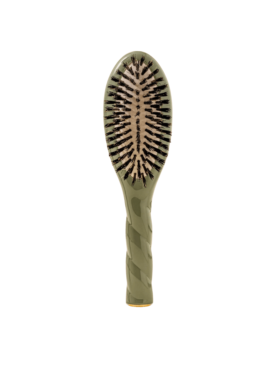 Front view of La Bonne Brosse N.01 Small The Shine & Care Hairbrush The Universal Brush in Almond Green featuring a twisted ergonomic handle and natural boar bristles | Twentyseven Toronto