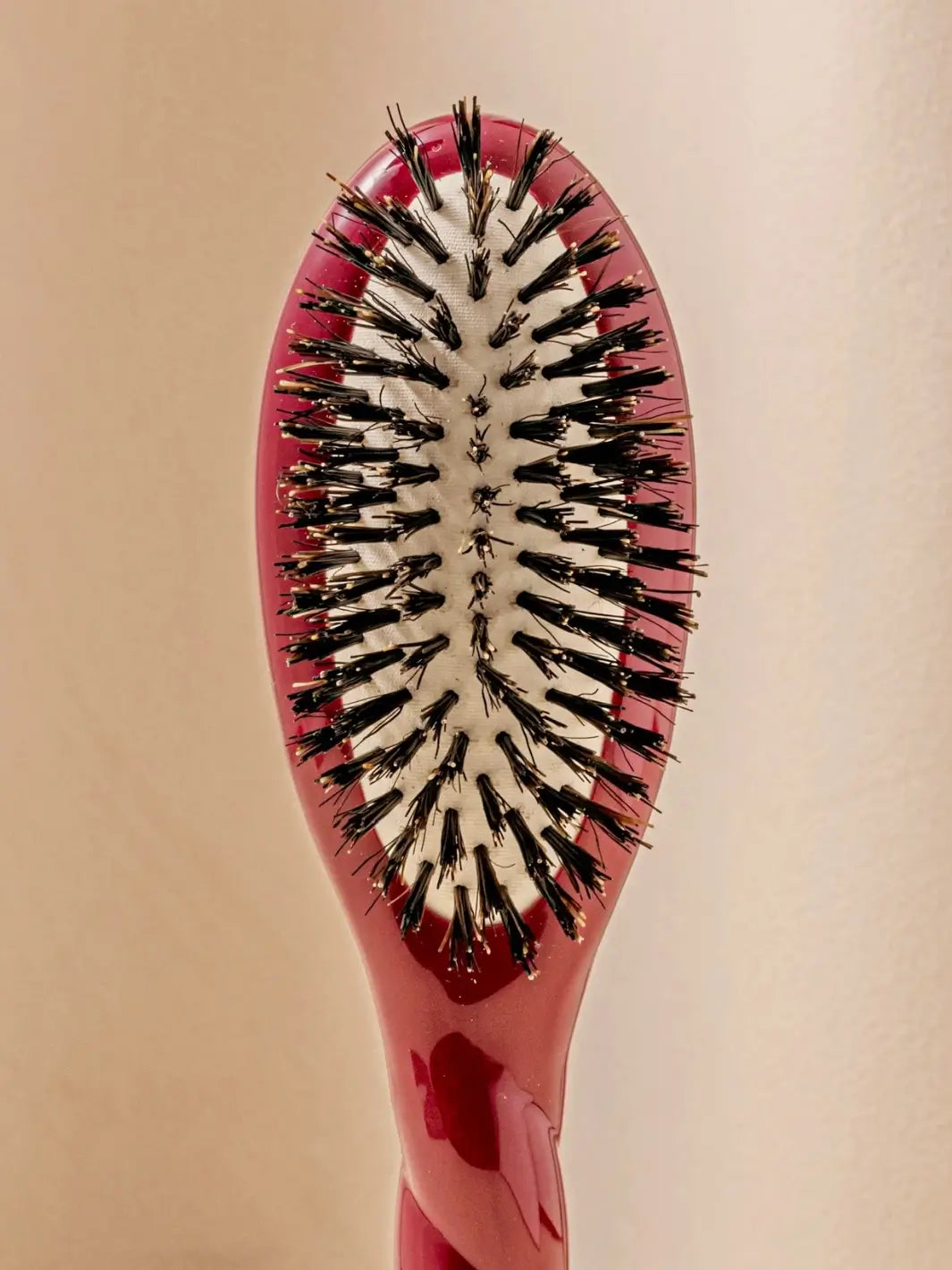 Front close up shot of the oval head and high-quality tufts of La Bonne Brosse N.01 Small The Shine & Care Hairbrush The Universal Brush in Cherry Red | Twentyseven Toronto