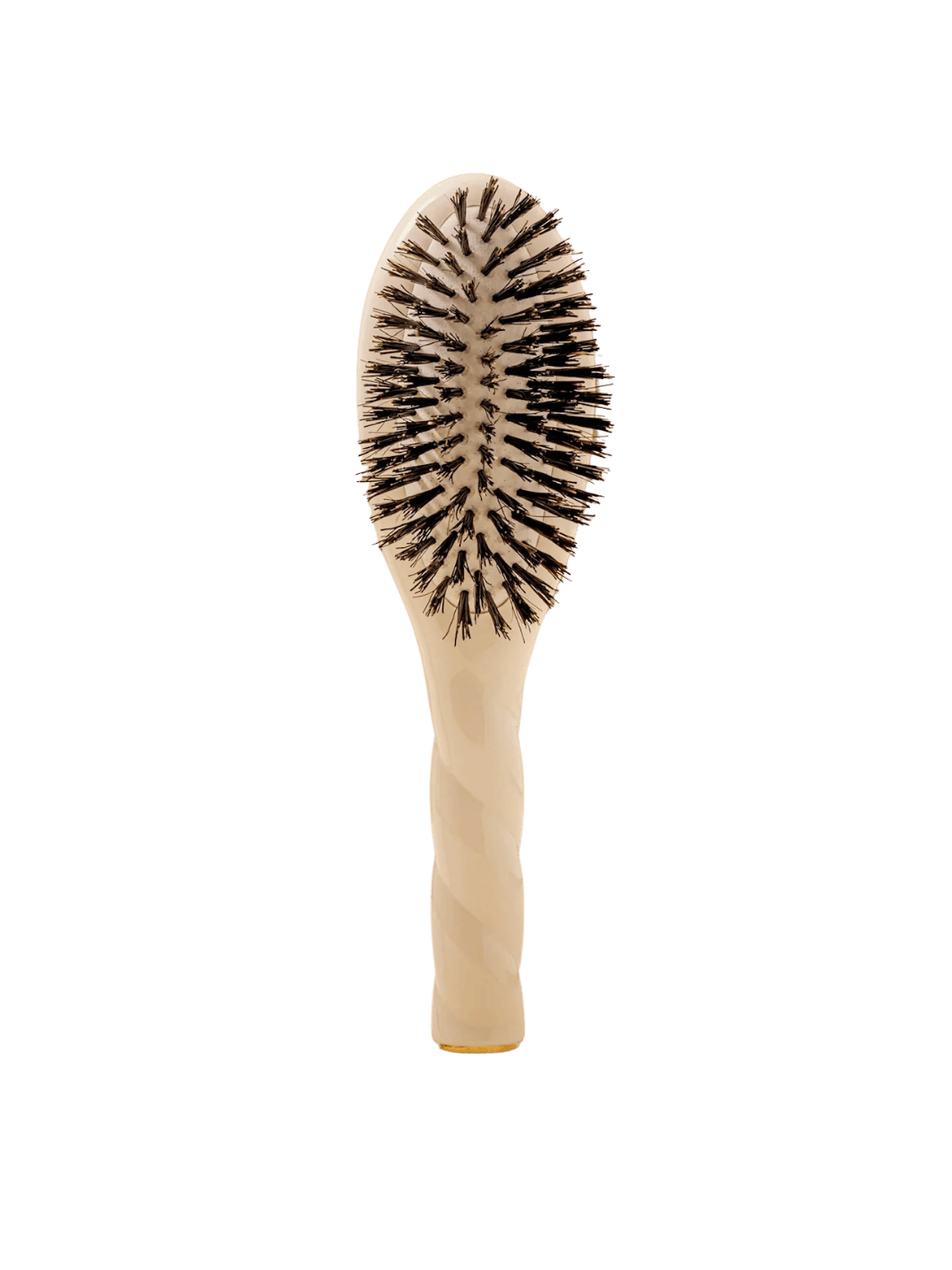 Front view of La Bonne Brosse N.01 Small The Shine & Care Hairbrush The Universal Brush in Creamy White featuring a twisted ergonomic handle and natural boar bristles | Twentyseven Toronto