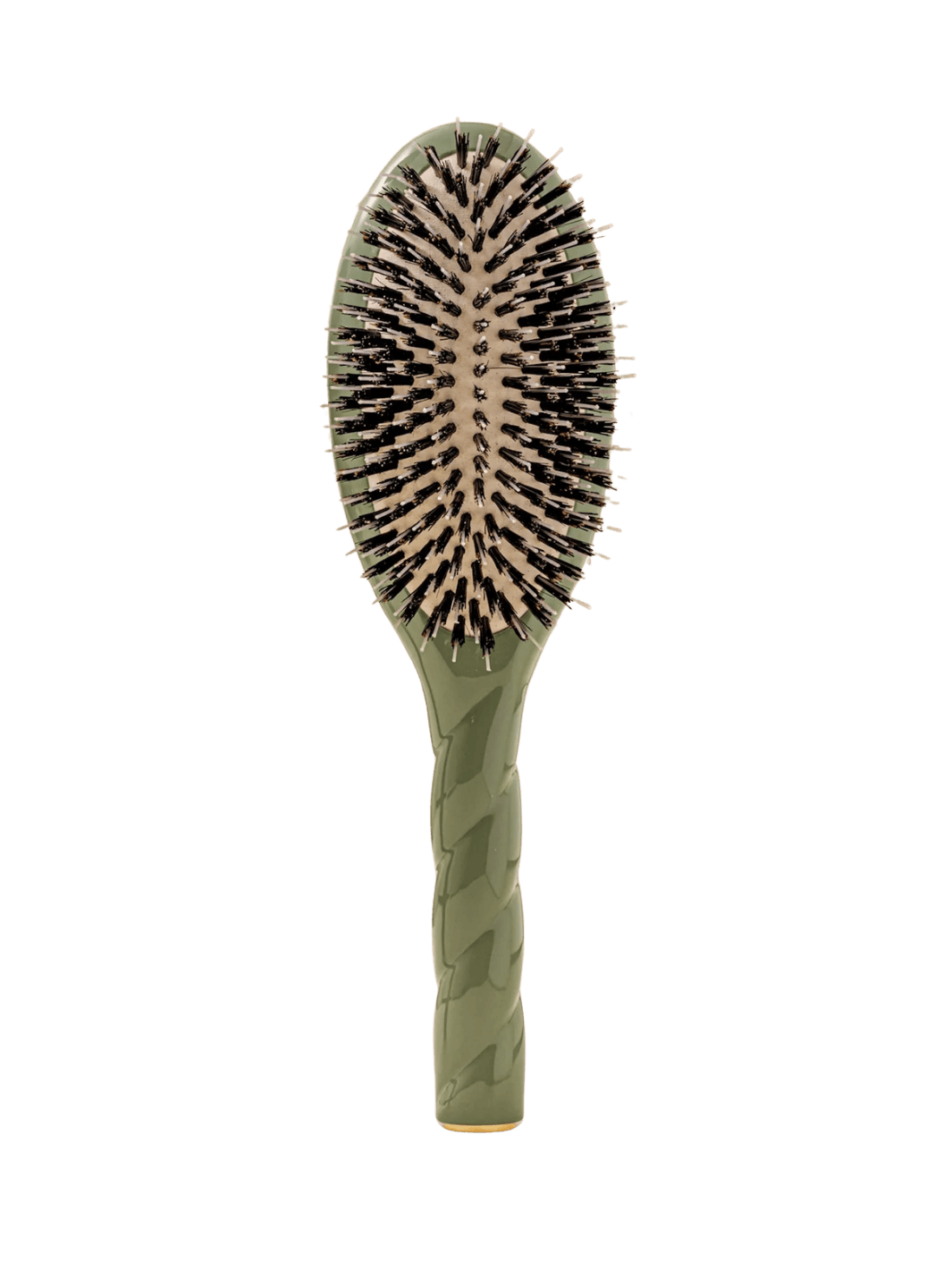 Front view of La Bonne Brosse N.02 Large The Essential Detangling & Conditioning Brush in Almond Green featuring a twisted ergonomic handle and natural boar bristles | Twentyseven Toronto