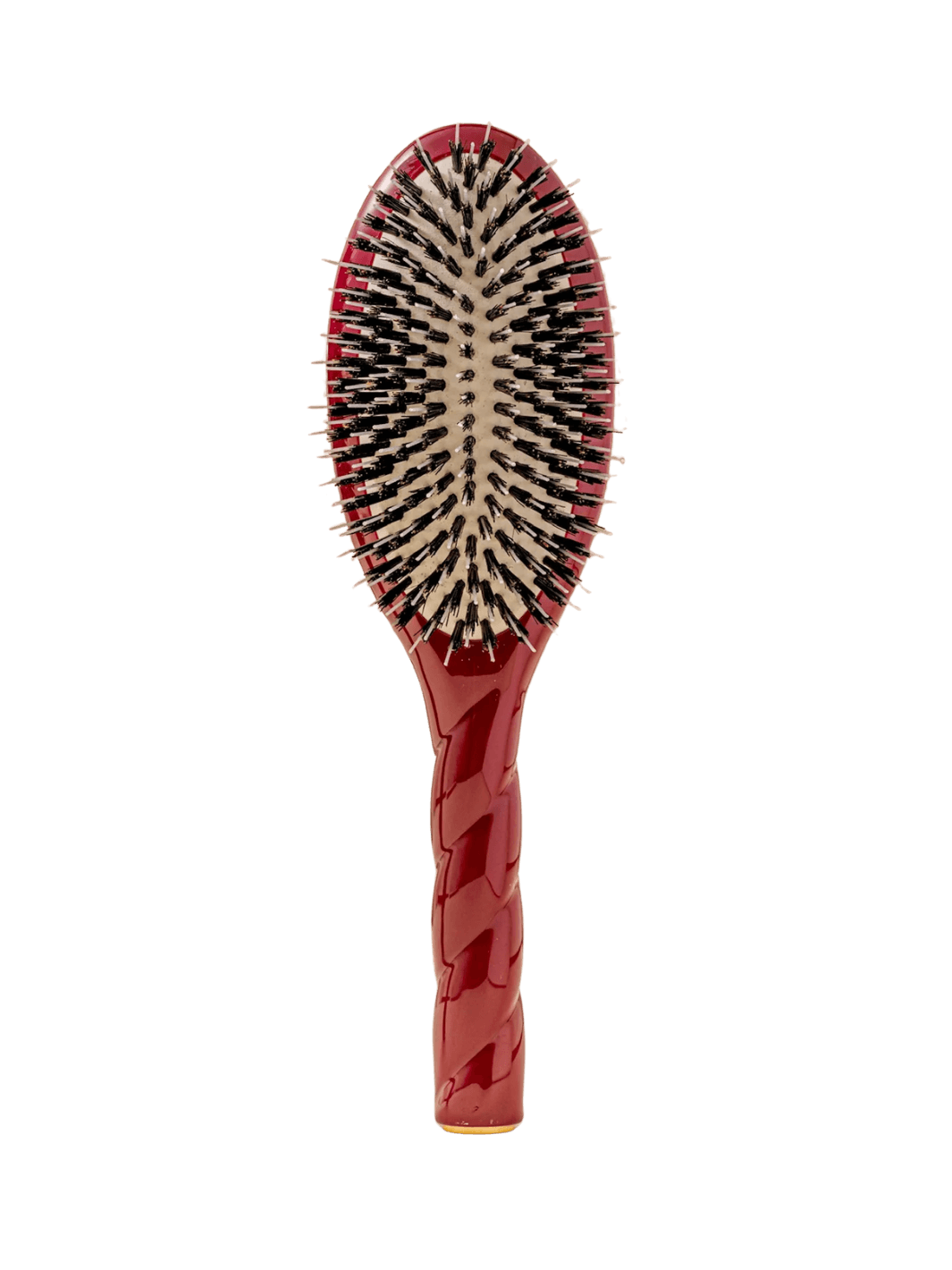 Front view of La Bonne Brosse N.02 Large The Essential Detangling & Conditioning Brush in Cherry Red featuring a twisted ergonomic handle and natural boar bristles | Twentyseven Toronto