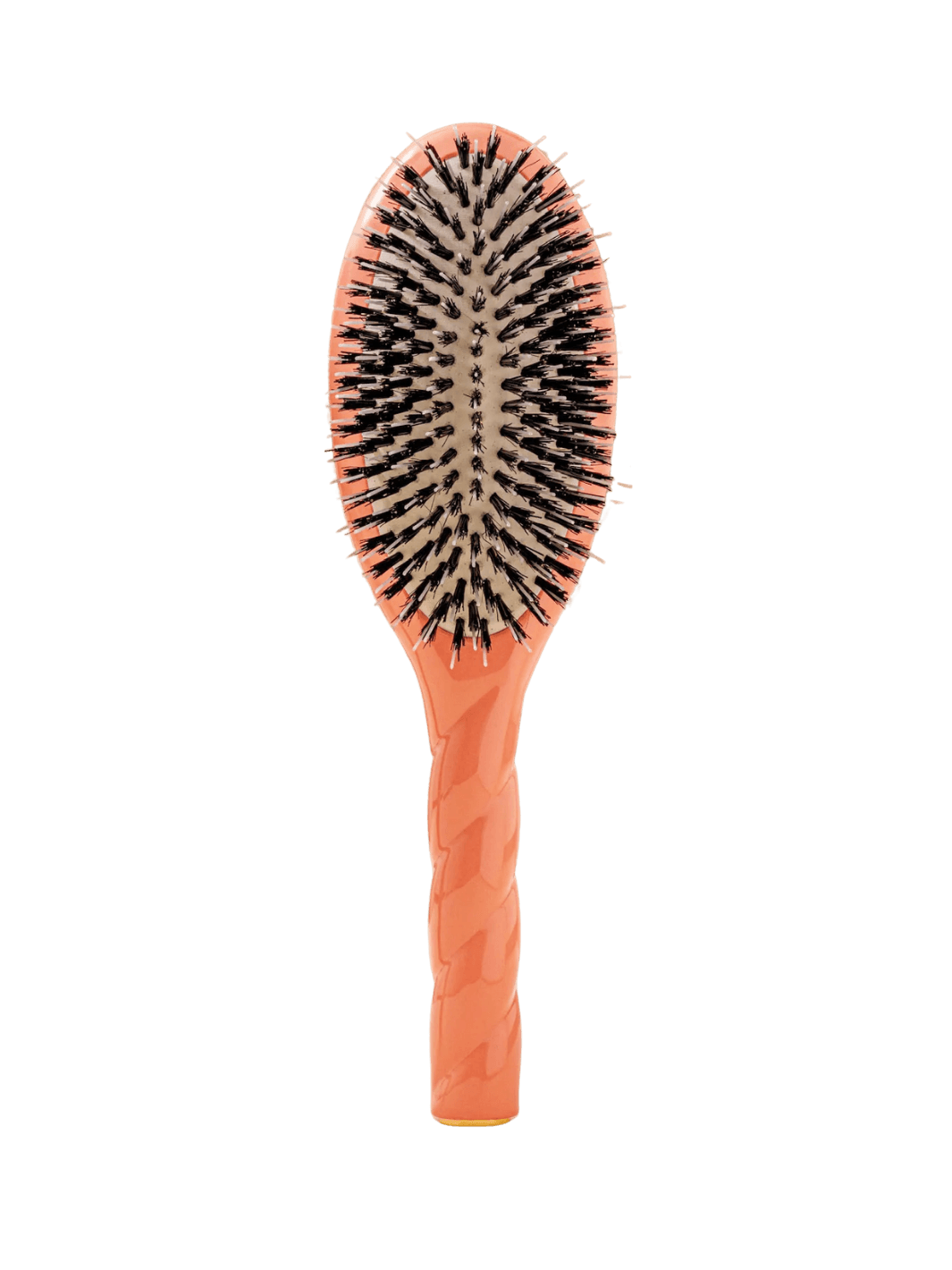 Front view of La Bonne Brosse N.02 Large The Essential Detangling & Conditioning Brush in Coral Orange featuring a twisted ergonomic handle and natural boar bristles | Twentyseven Toronto