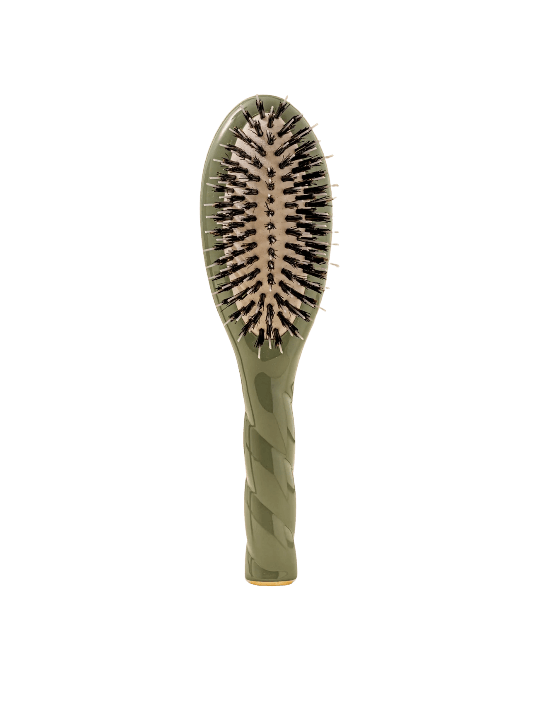 Front view of La Bonne Brosse N.02 Small The Essential Detangling & Conditioning Brush in Almond Green featuring a twisted ergonomic handle and natural boar and nylon bristles | Twentyseven Toronto