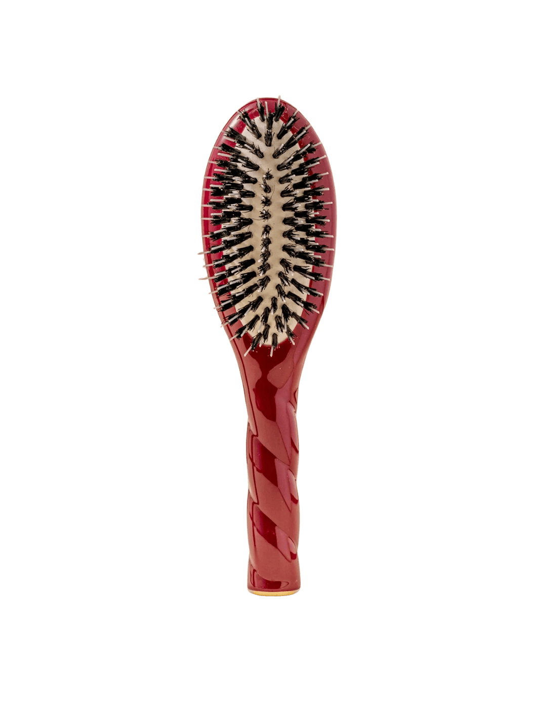 Front view of La Bonne Brosse N.02 Small The Essential Detangling & Conditioning Brush in Cherry Red featuring a twisted ergonomic handle and natural boar and nylon bristles | Twentyseven Toronto