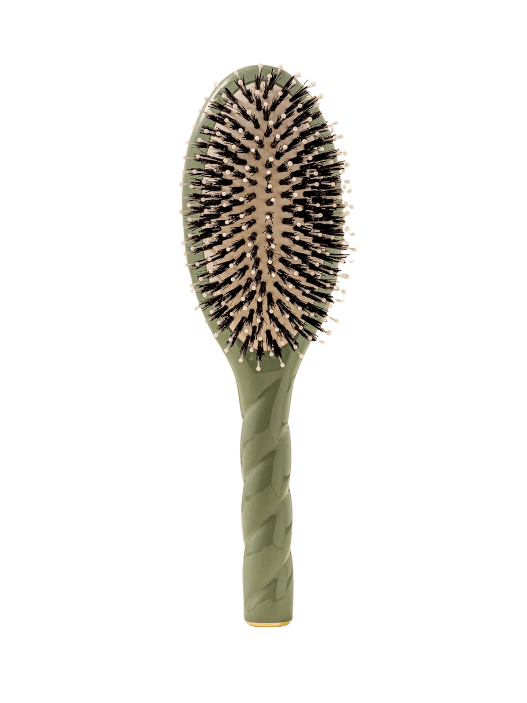 Front view of La Bonne Brosse N.03  Large The Essential Softness & Sensitive Scalp Brush in Almond Green featuring a twisted ergonomic handle, boar bristle and nylon hairbrush | Twentyseven Toronto