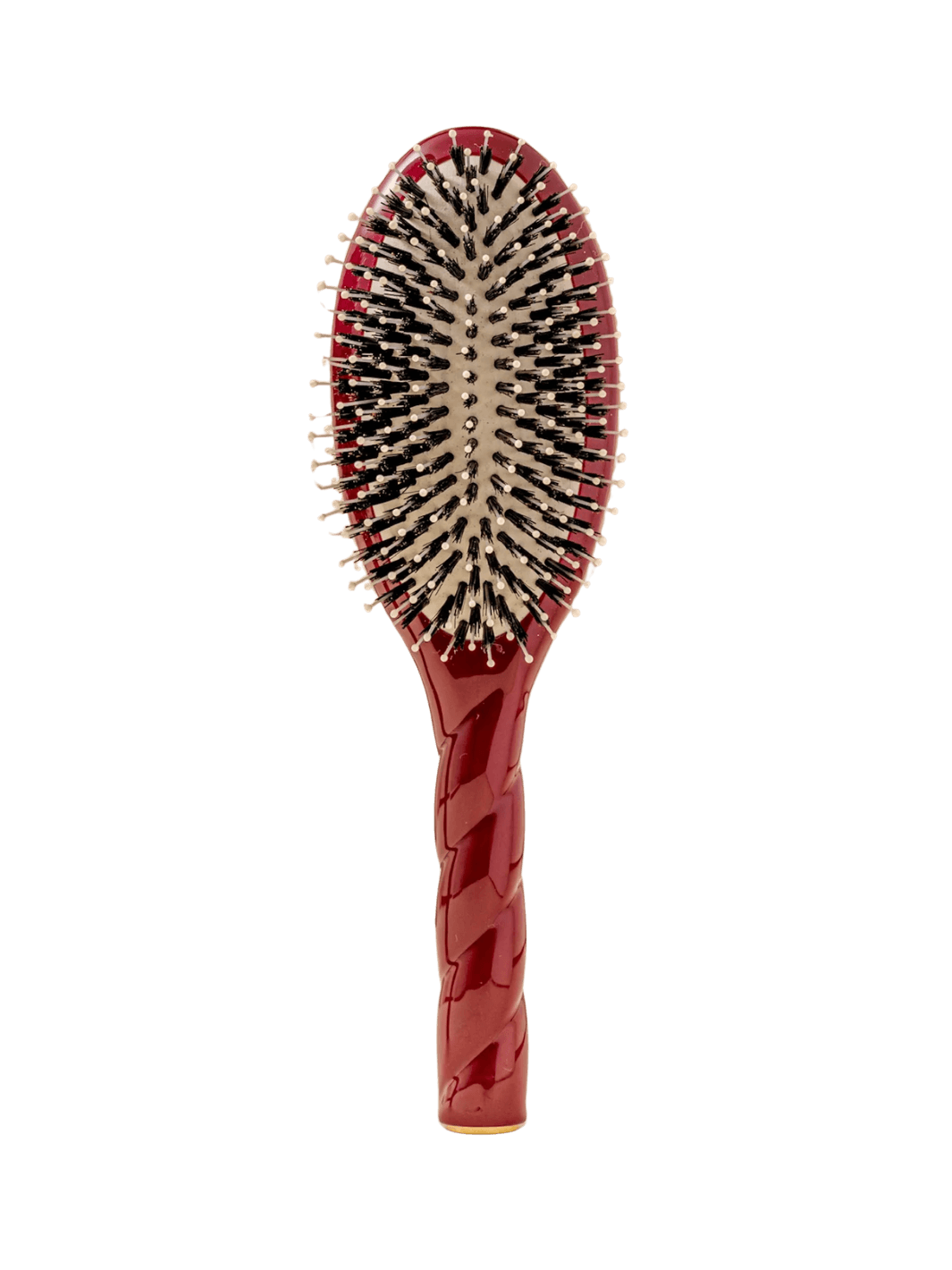 Front view of La Bonne Brosse N.03  Large The Essential Softness & Sensitive Scalp Brush in Cherry Red featuring a twisted ergonomic handle, boar bristle and nylon hairbrush | Twentyseven Toronto