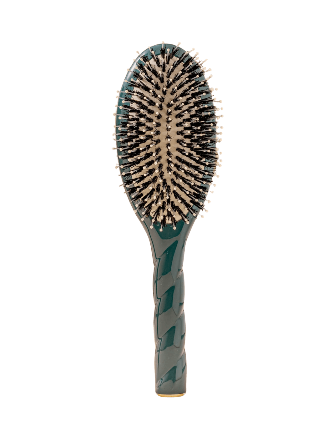 Front view of La Bonne Brosse N.03  Large The Essential Softness & Sensitive Scalp Brush in Ink Blue featuring a twisted ergonomic handle, boar bristle and nylon hairbrush | Twentyseven Toronto