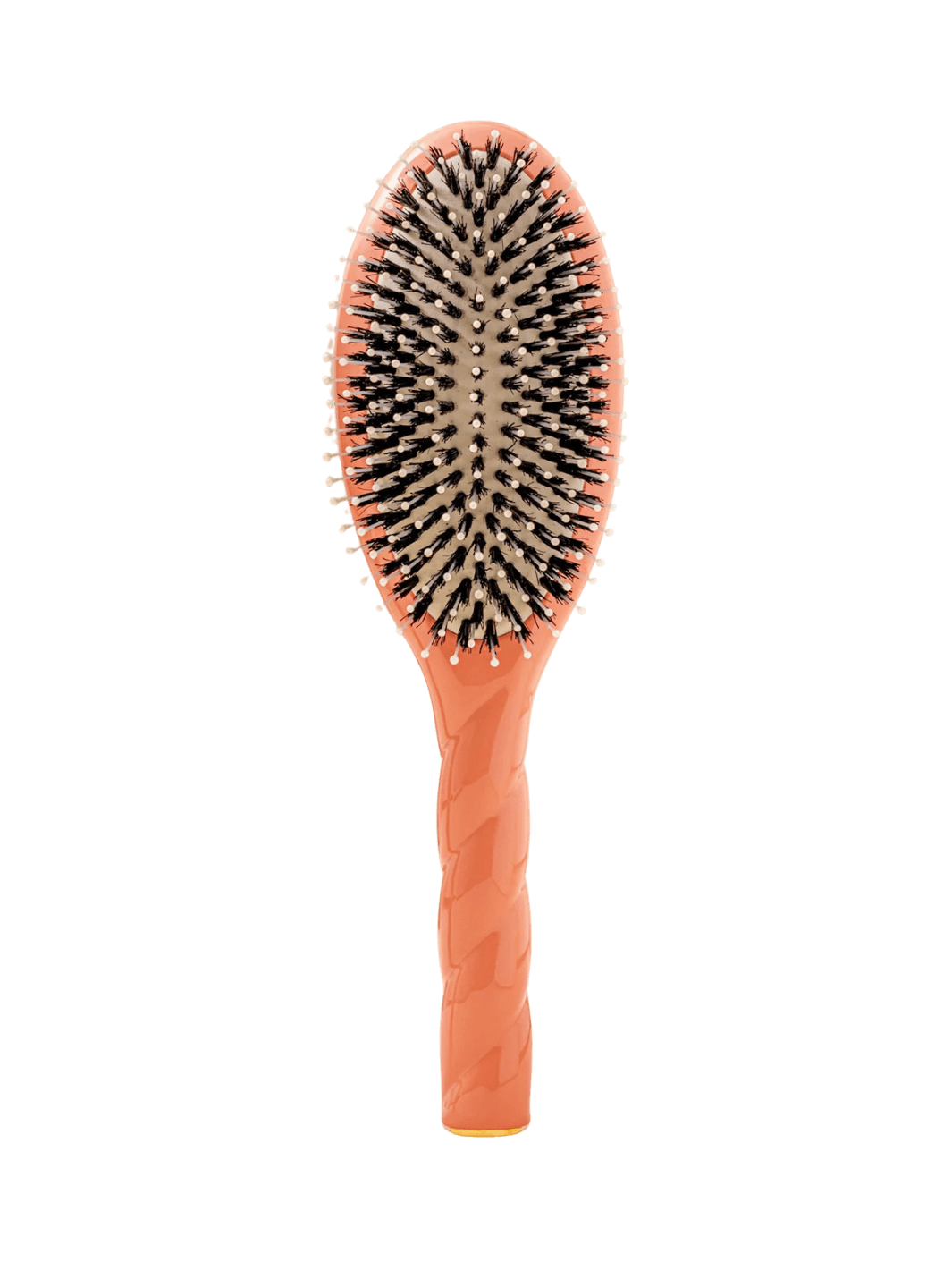 Front view of La Bonne Brosse N.03  Large The Essential Softness & Sensitive Scalp Brush in Orange Coral featuring a twisted ergonomic handle, boar bristle and nylon hairbrush | Twentyseven Toronto
