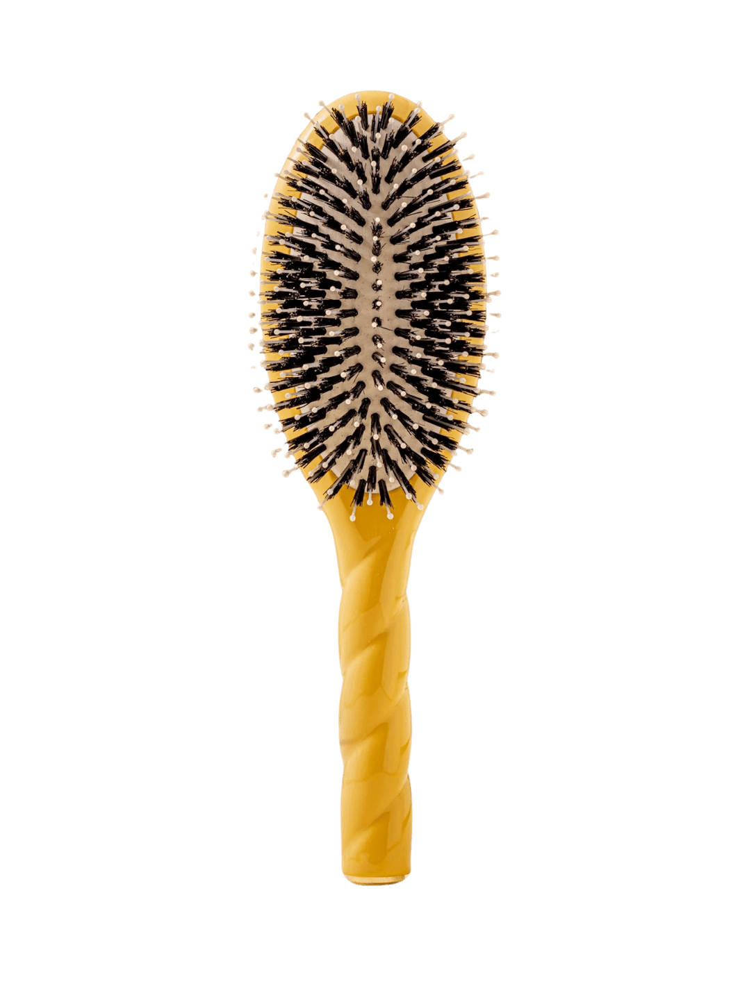 Front view of La Bonne Brosse N.03  Large The Essential Softness & Sensitive Scalp Brush in Saffron Yellow featuring a twisted ergonomic handle, boar bristle and nylon hairbrush | Twentyseven Toronto